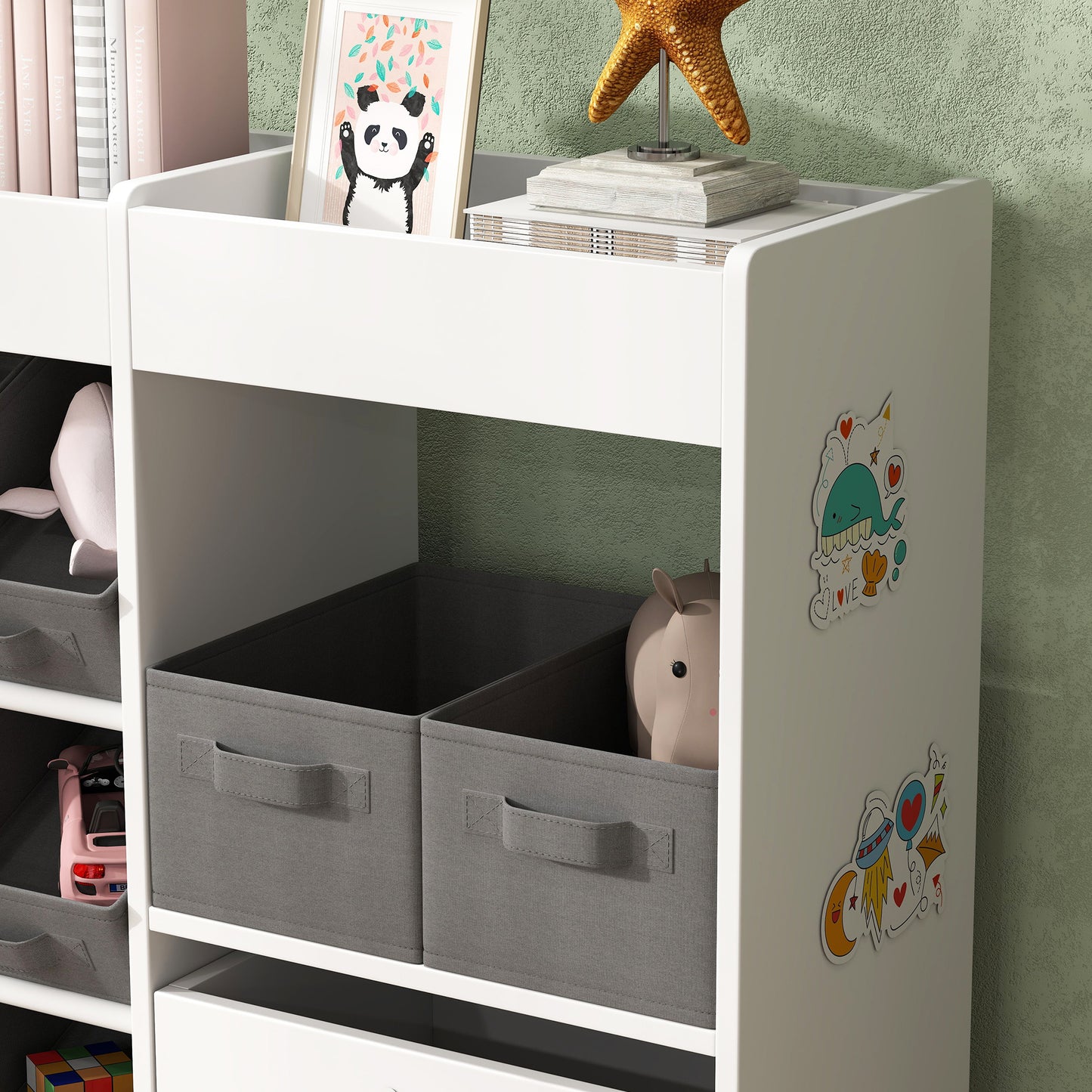 Kids Toy Storage Unit with 11 Bins, Cabinet, Top Shelves, 3 Stickers