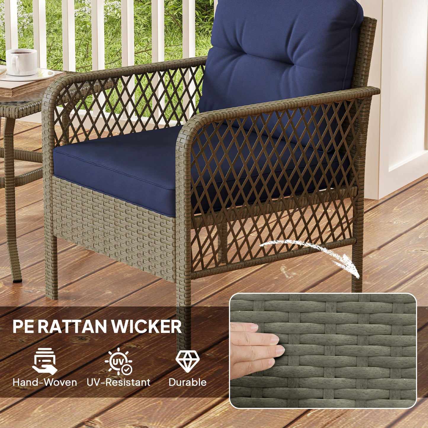 3 Pieces Rattan Bistro Set with Glass Top Coffee Table