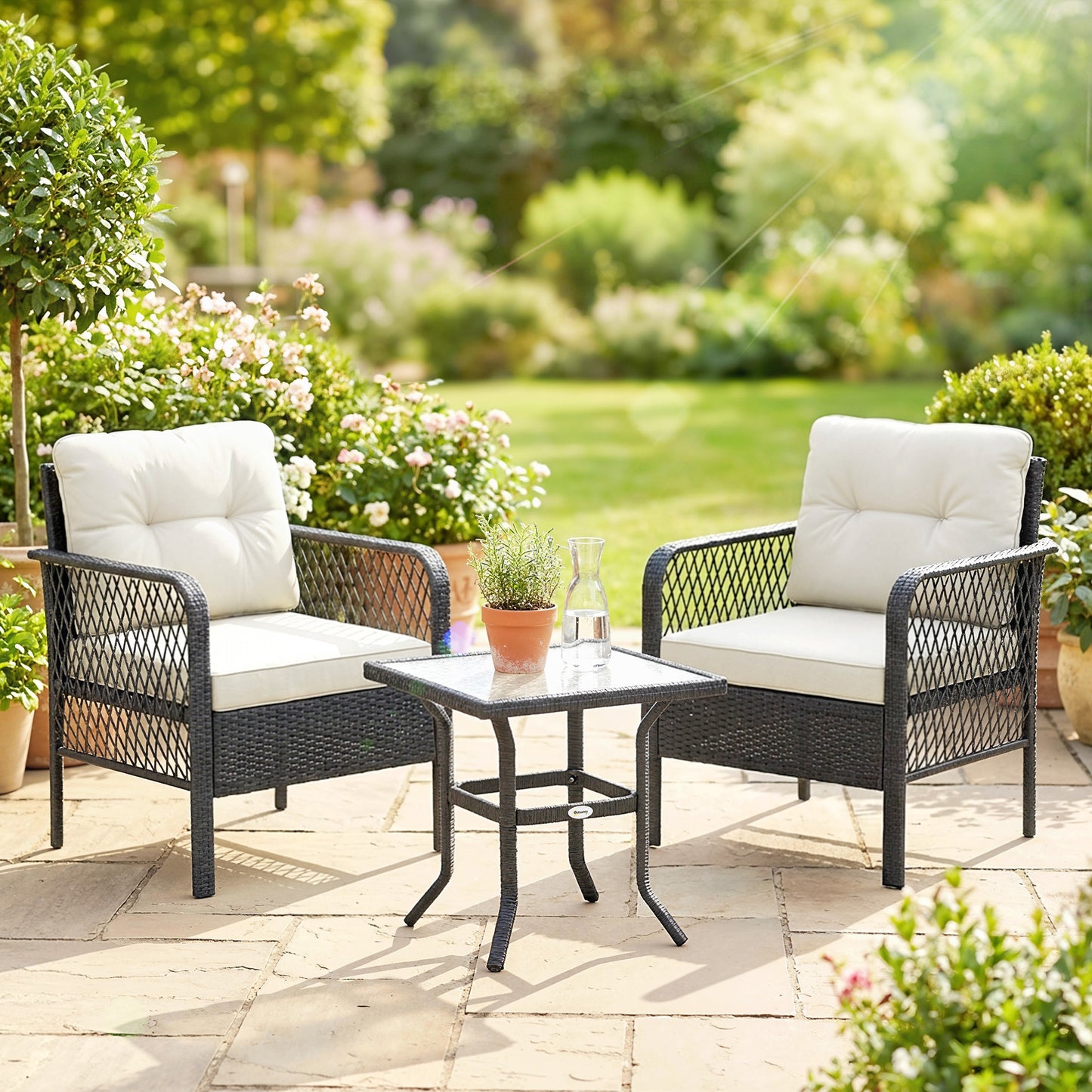3 Pieces Rattan Bistro Set with Glass Top Coffee Table