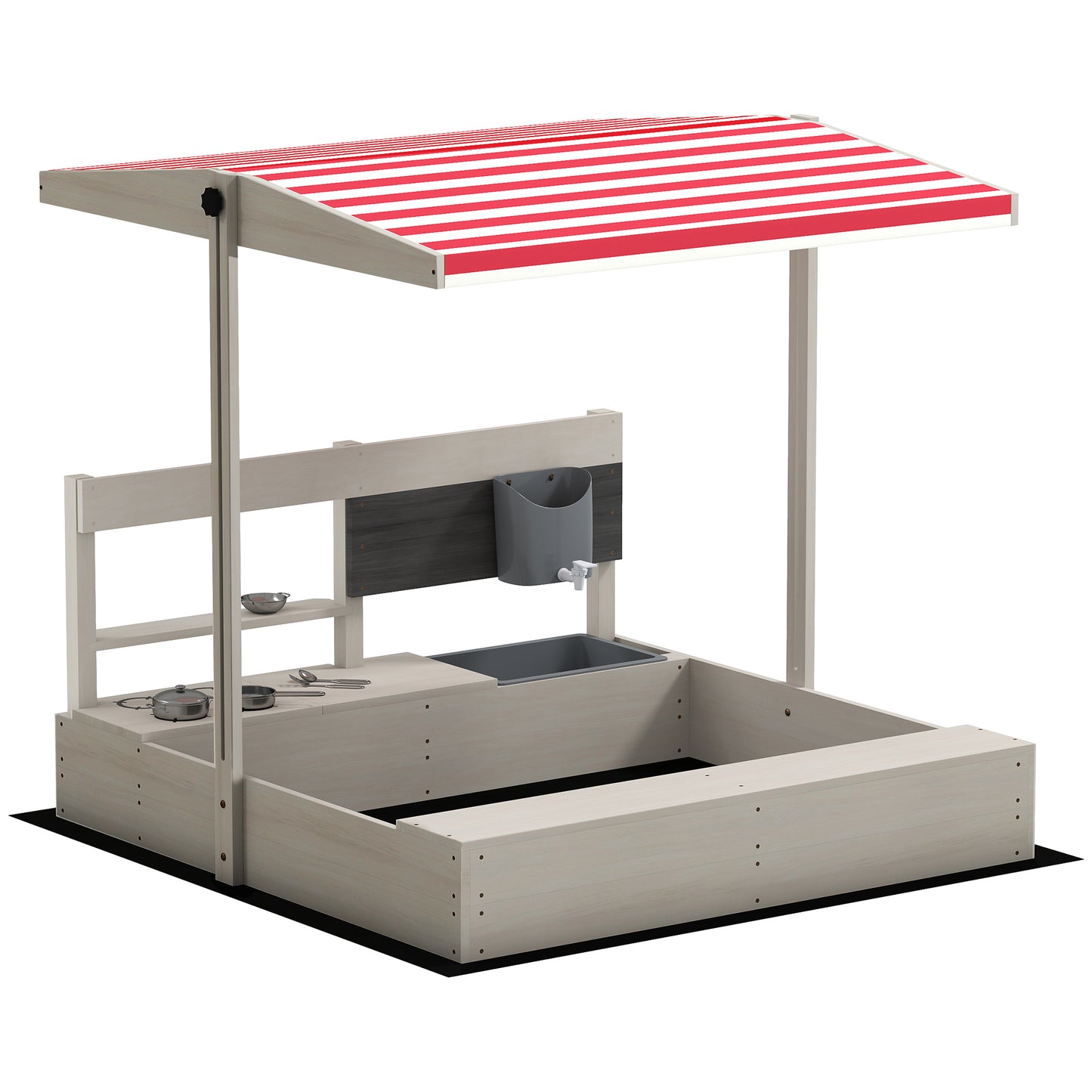 Kids Wooden Sandbox w/ Canopy, Kitchen Toys, Seat, Storage