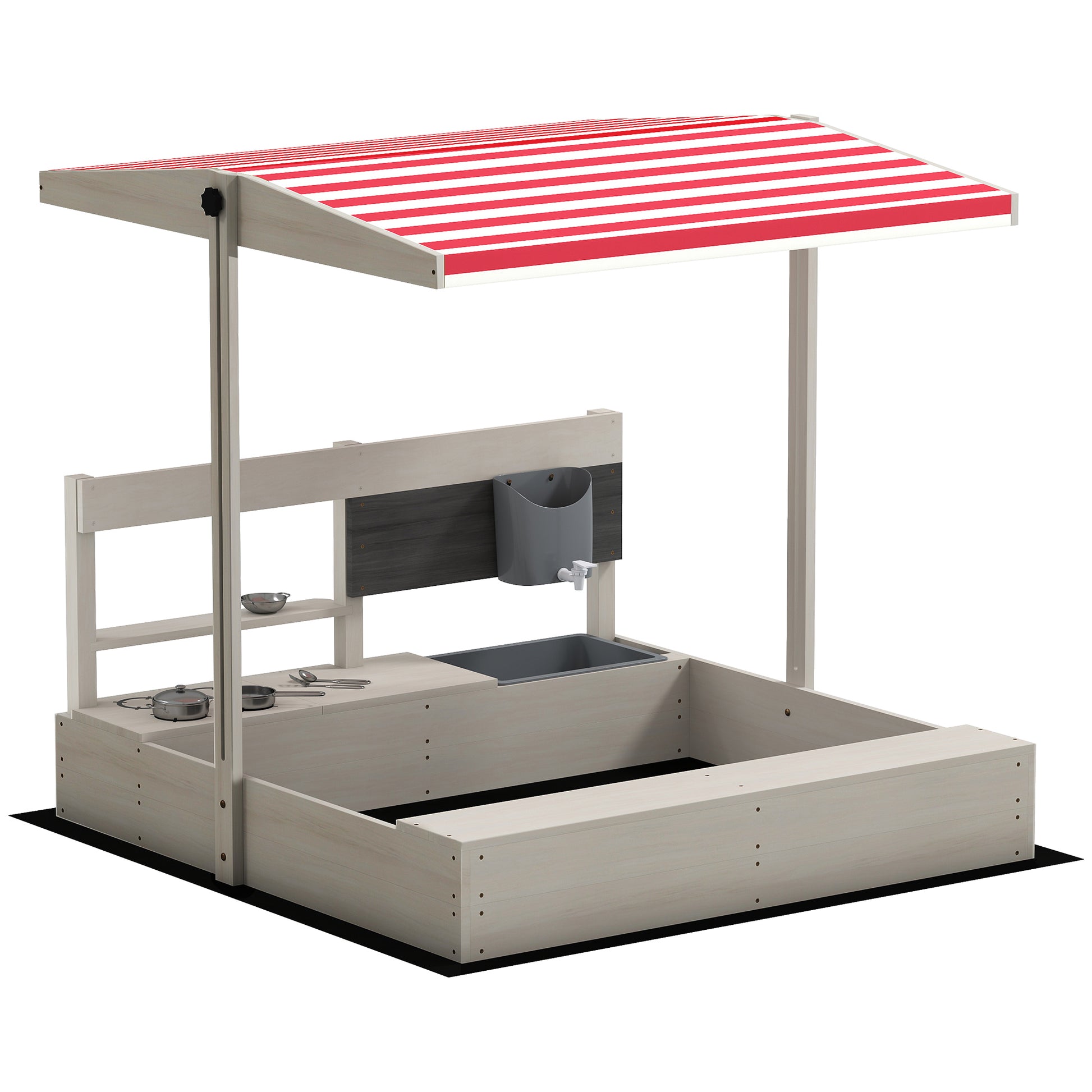 Kids Wooden Sandbox w/ Canopy, Kitchen Toys, Seat, Storage
