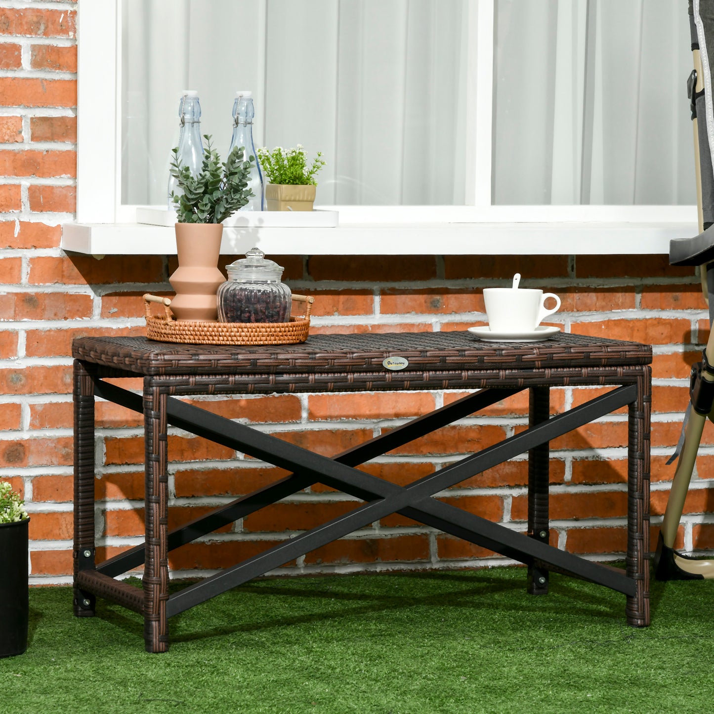 PE Rattan Garden Side Table, Outdoor Coffee Table with X-Shape Frame