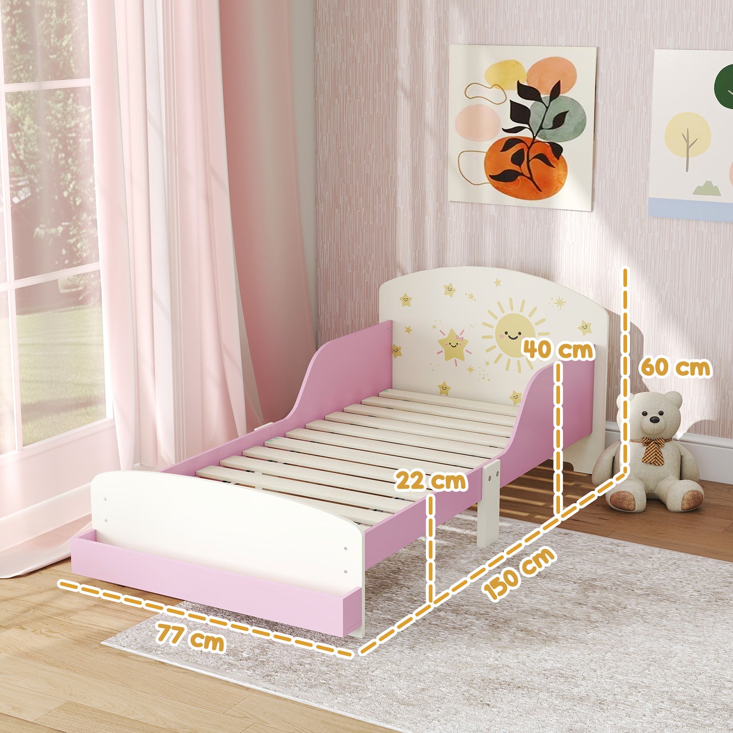 Toddler Bed with Storage, Guardrails, Sun Design, for Ages 3-8 Years