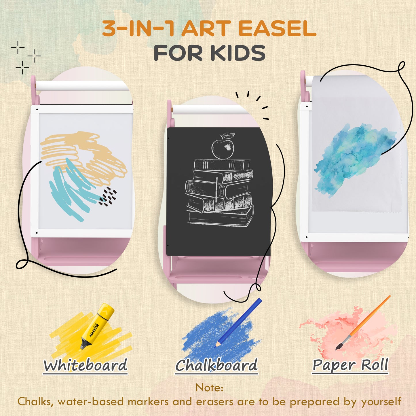 Three-In-One Easel for Kids, with Paper Roll, Adjustable Height