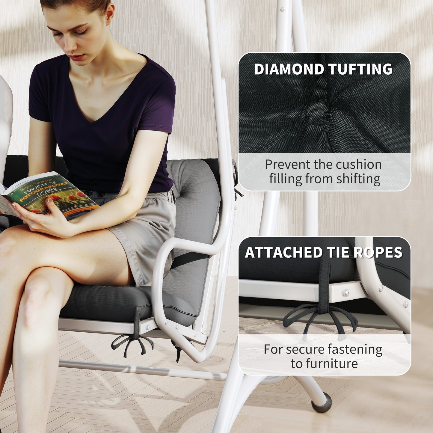 3 Seater Bench Pad, Garden Chair Cushion with Back and Ties