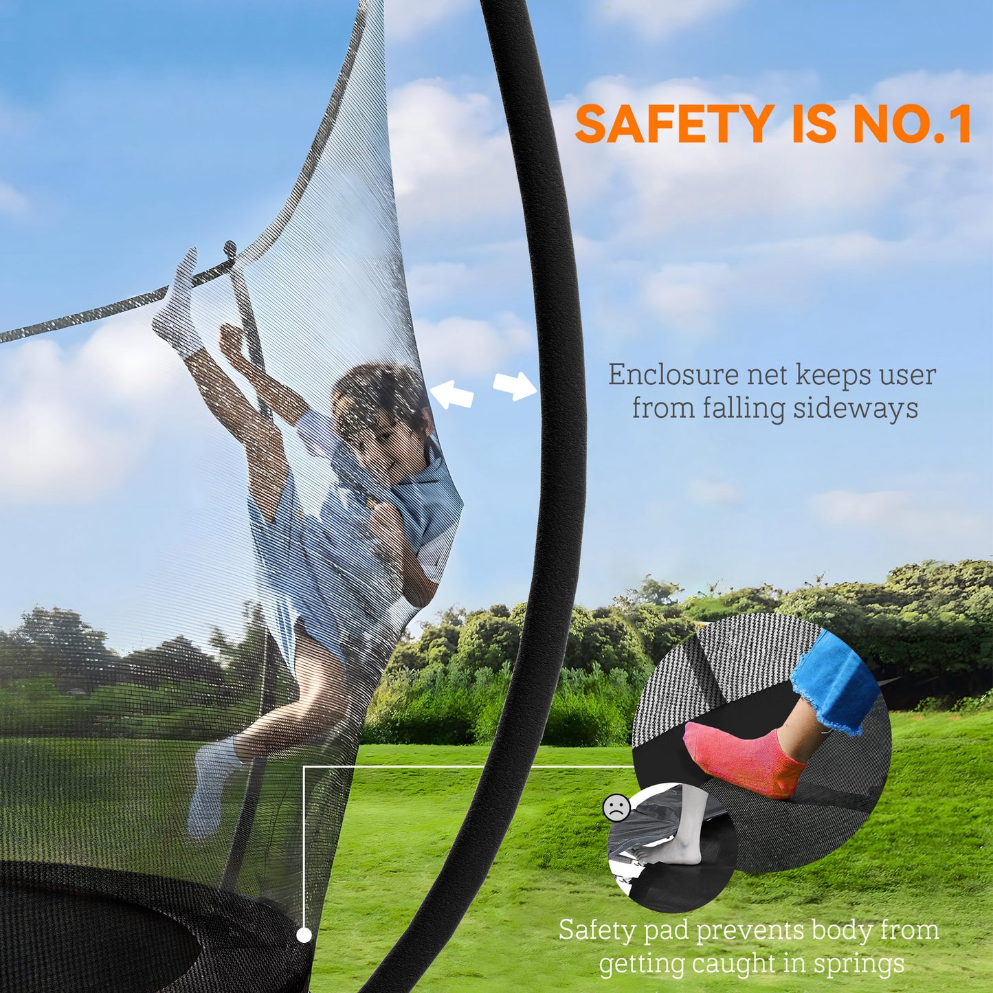 8ft Outdoor Trampoline with Enclosure Net, Spring Cover