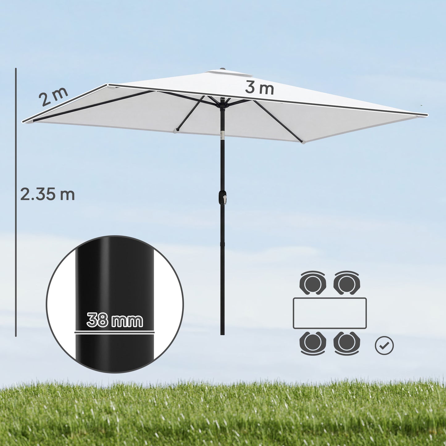 Garden Parasol, Parasol Umbrella with Crank Handle, Tilt Function