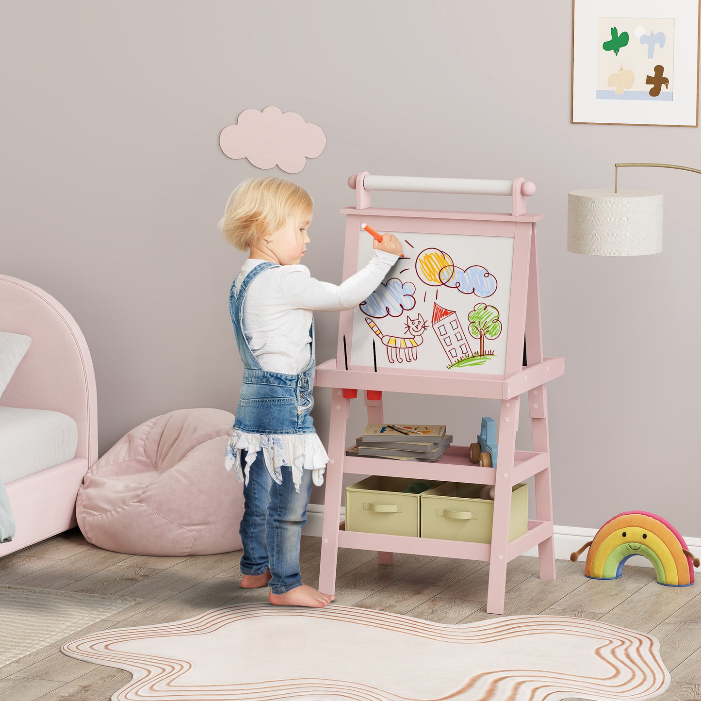 3 in 1 Kids Easel Double-Sided Magnetic Whiteboard and Chalkboard