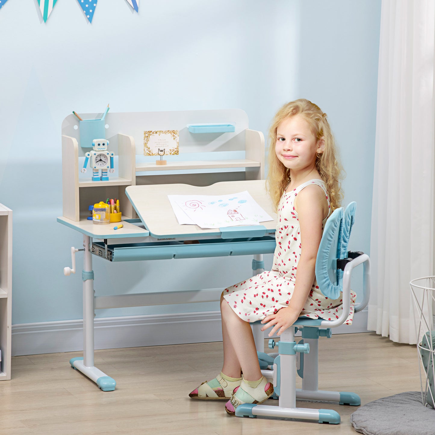 Kids Desk and Chair Set, with Storage Shelves, Washable Cover