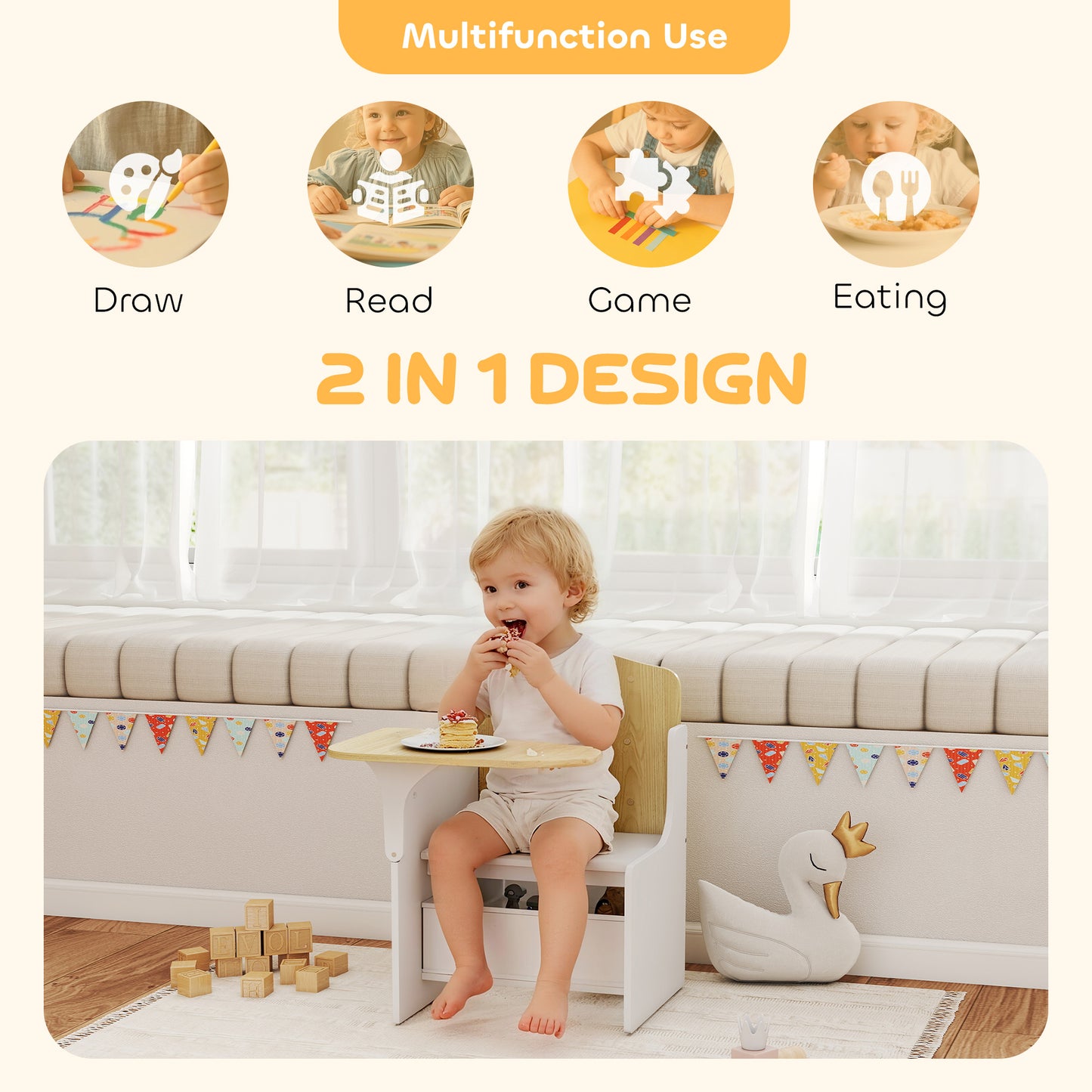 Kids Table and Chair Set, Children Desk and Chair with Storage Bins