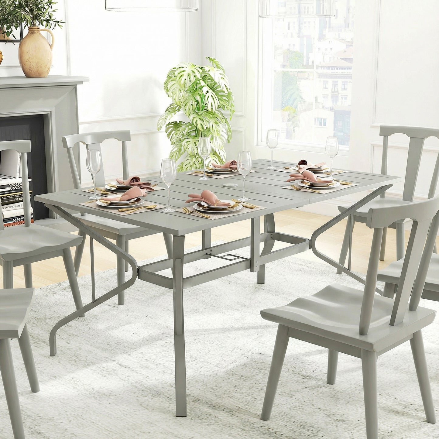 Rectangle Garden Table with Parasol Hole, Outdoor Dining Table for 6