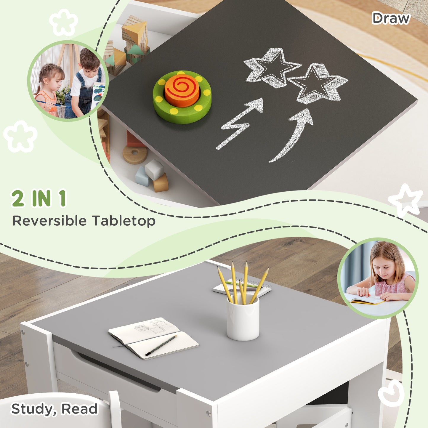 Three-Piece Kids Table and Chair Set with Blackboard, Storage
