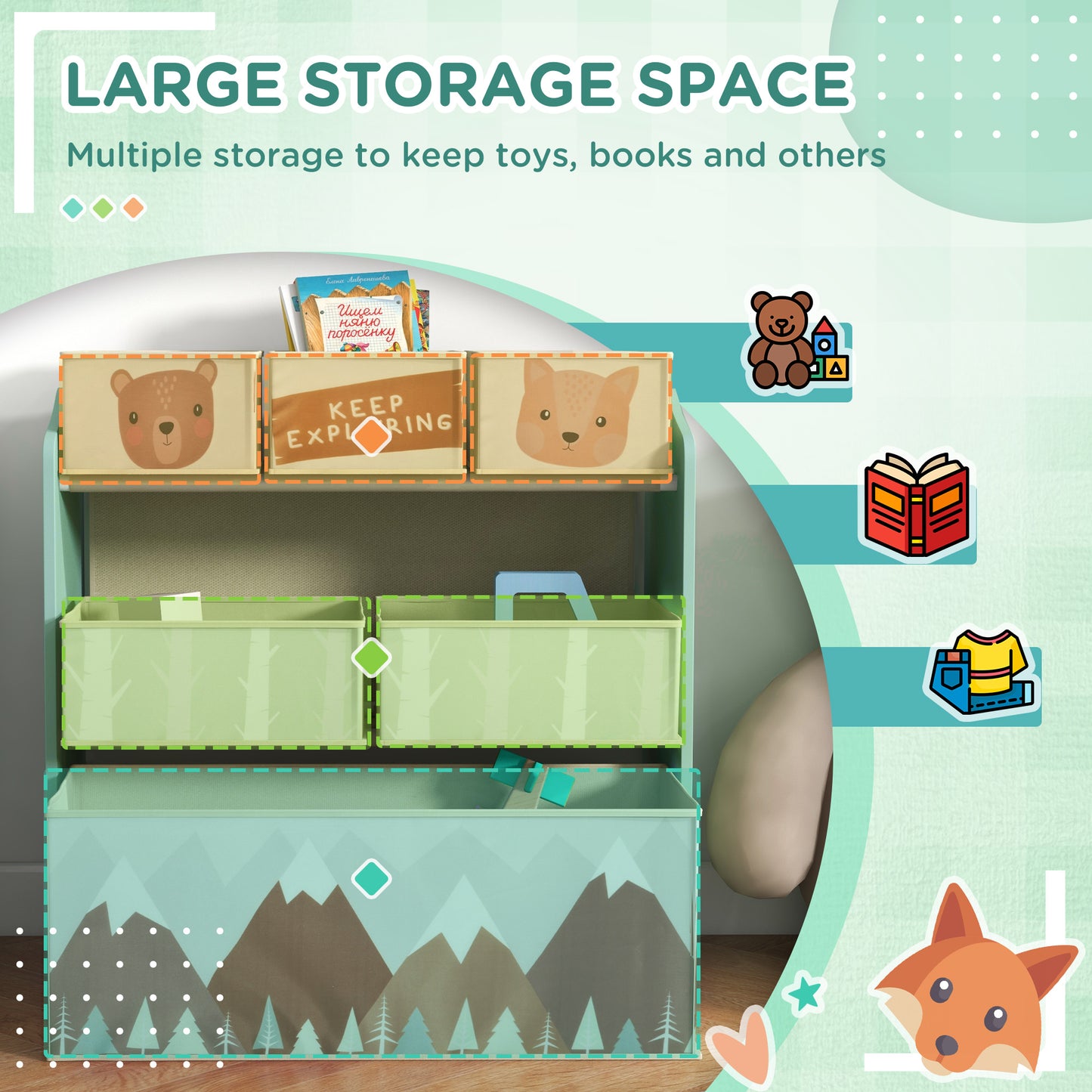 Toddler Bed Frame, Kids Storage Shelf Unit with 6 Fabric Bins