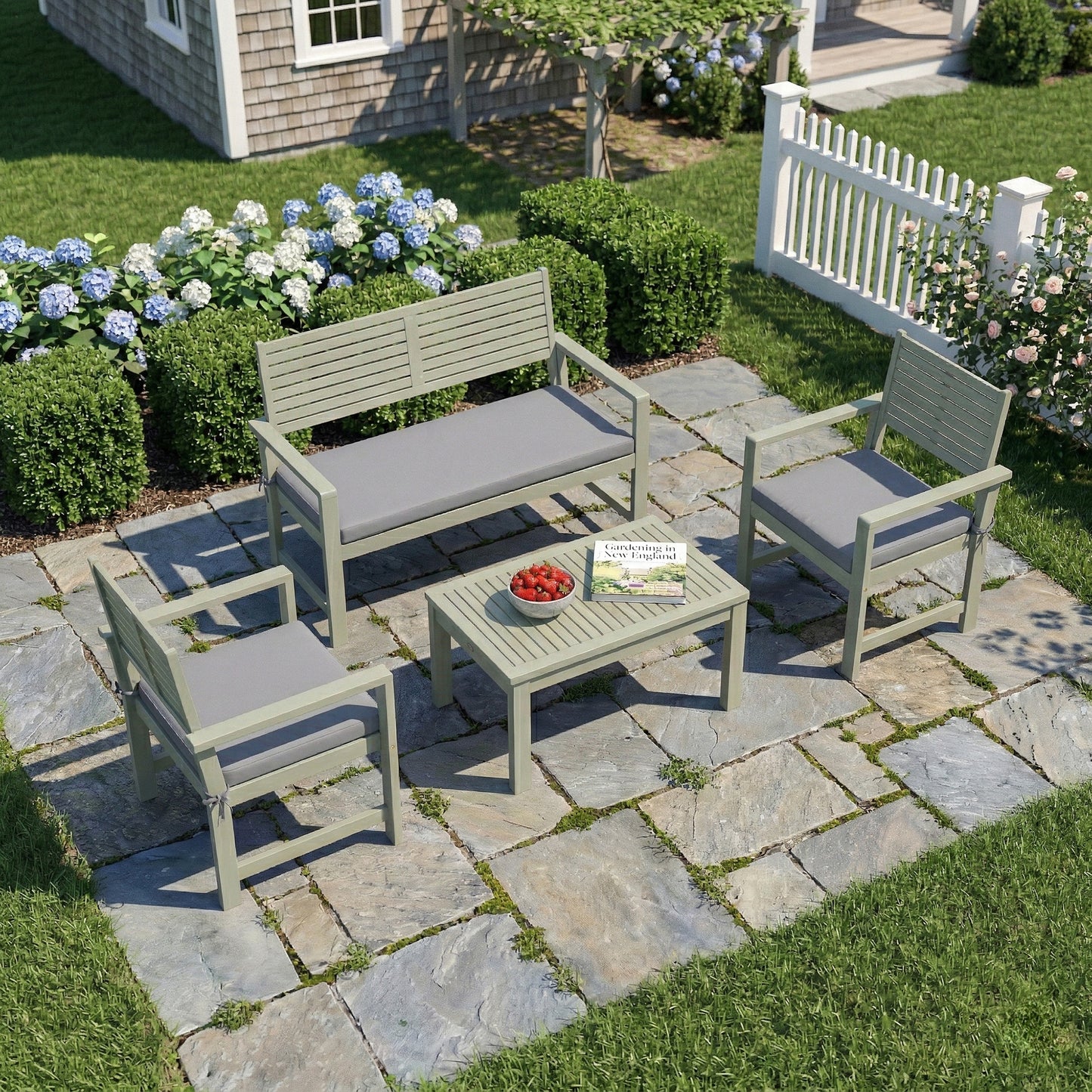 4 Seater Wooden Garden Furniture Set with Loveseat, Armchairs, Table