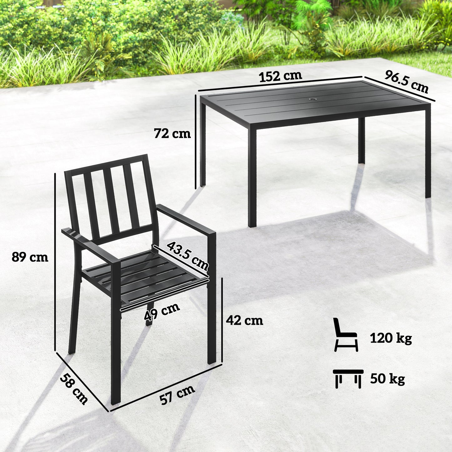 Seven-Piece Minimal Metal Garden Dining Set, with Parasol Hole