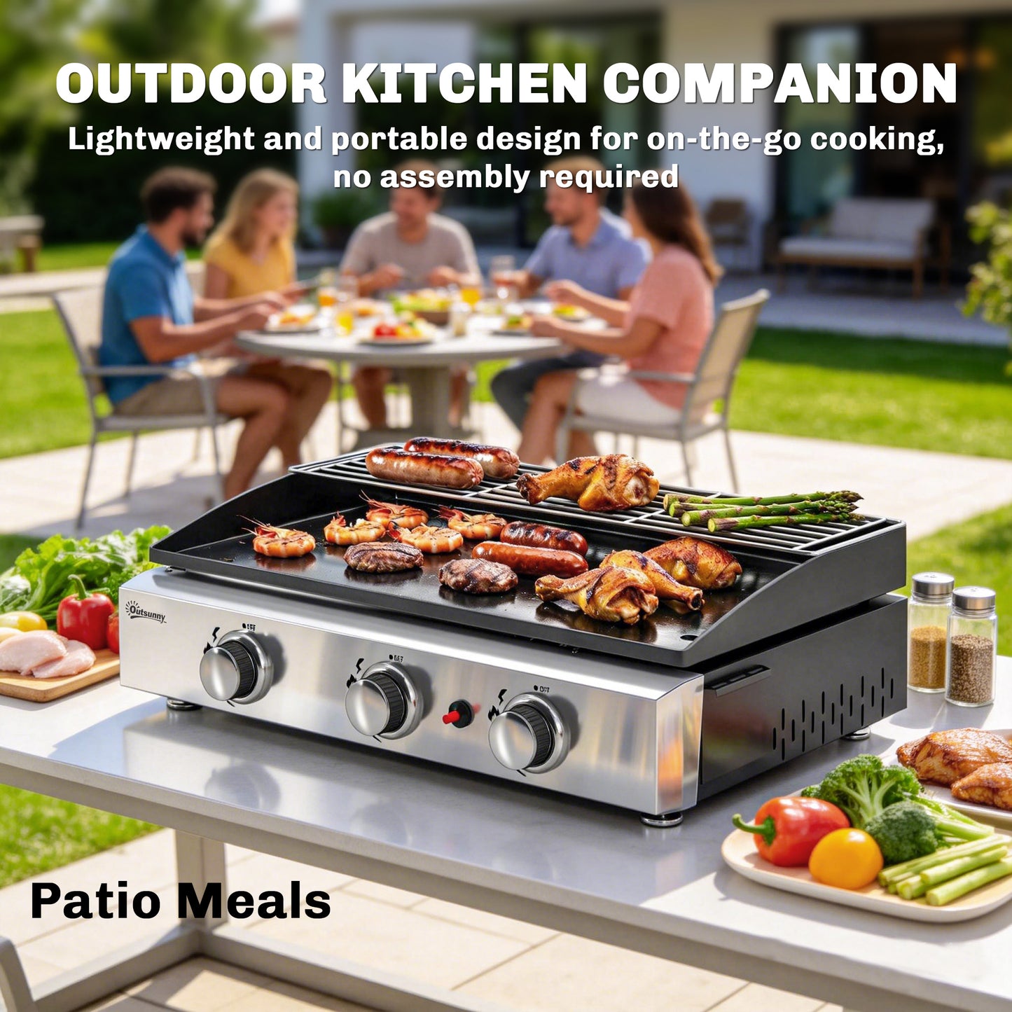 3 Burner Grill Griddle, Portable Gas Plancha with Warming Rack