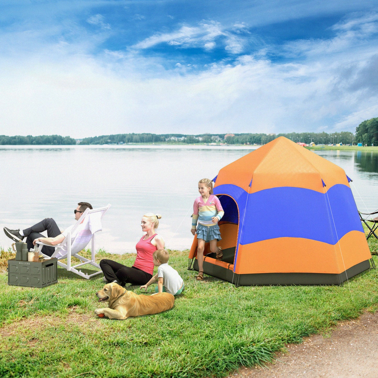 Six Man Hexagon Camping Tent with Hang Hook and Carry Bag - Orange and