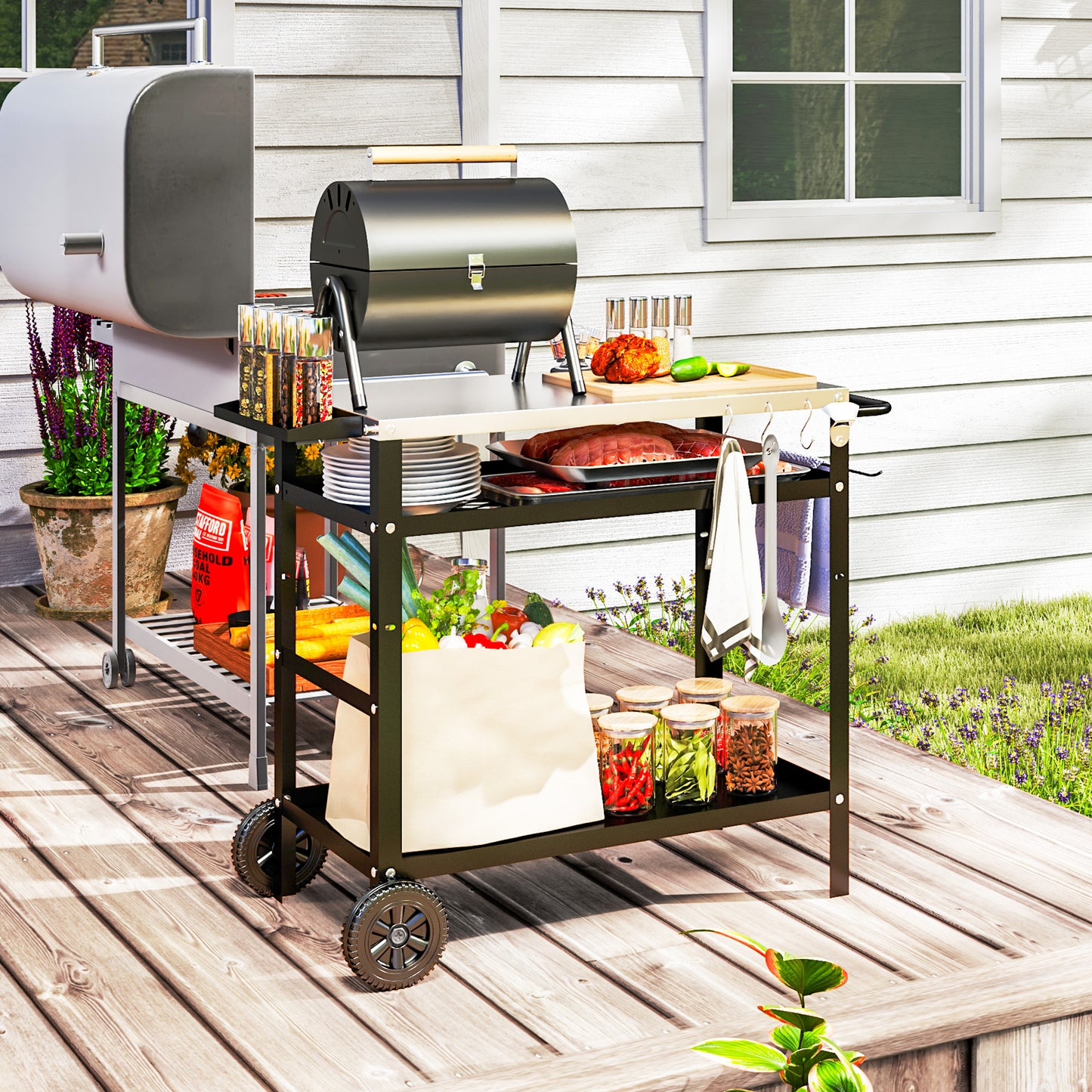 BBQ Trolley with Stainless Steel Top Adjustable Shelf