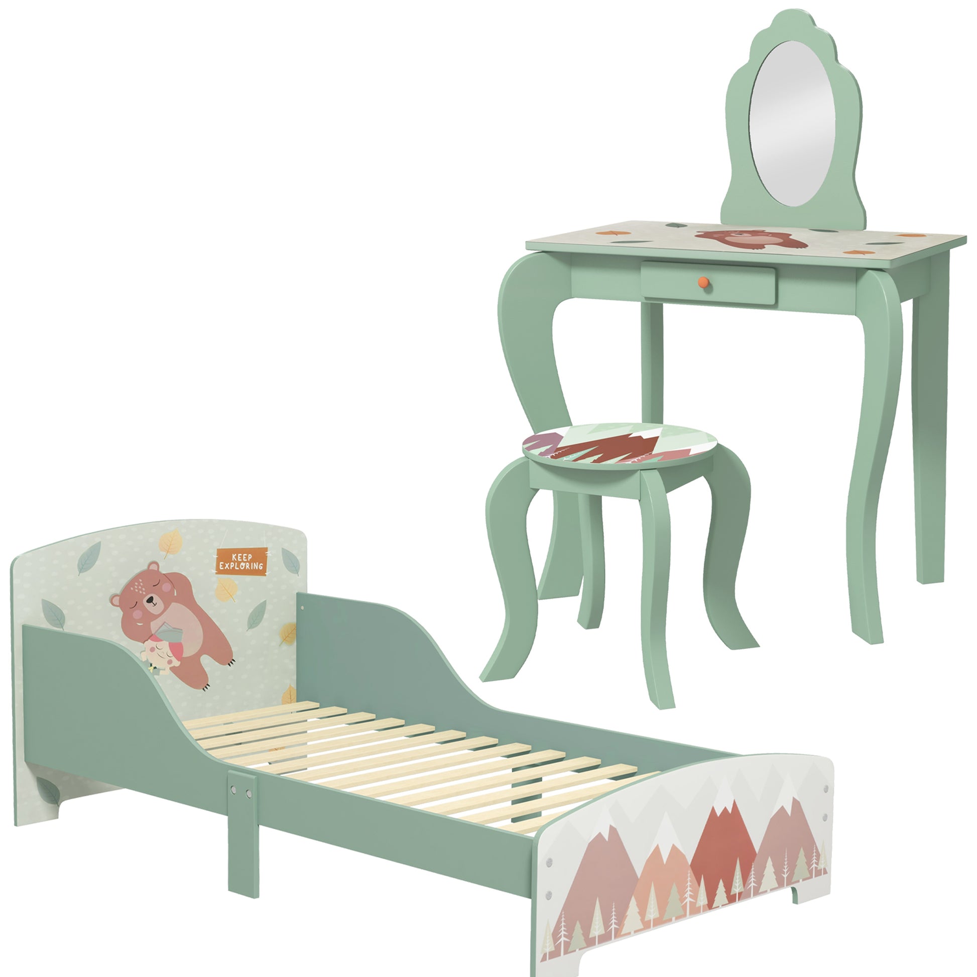 Toddler Bed Frame, Kids Dressing Table with Mirror and Stool