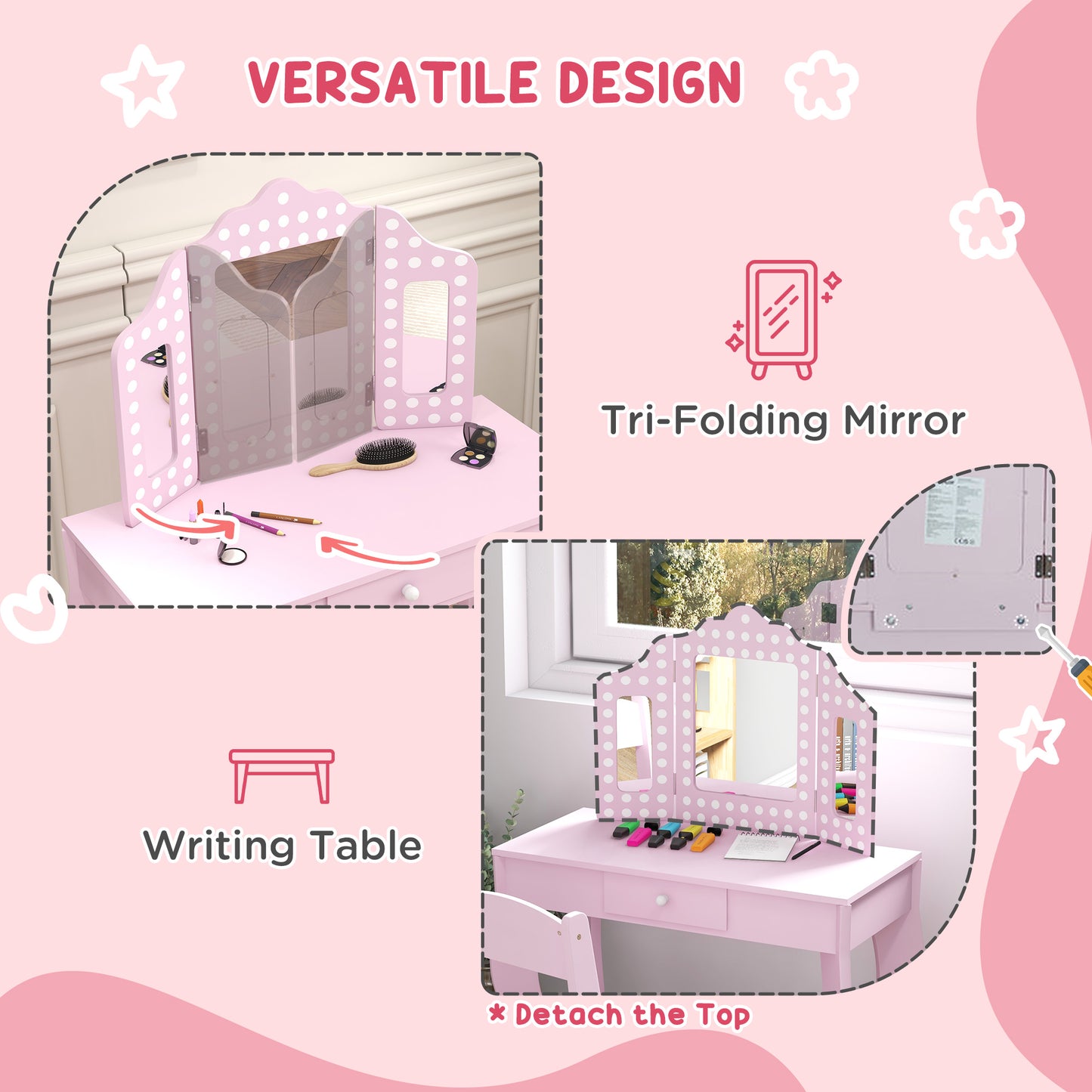 Kids Dressing Table Sets with Stool and Tri-Fold Mirror