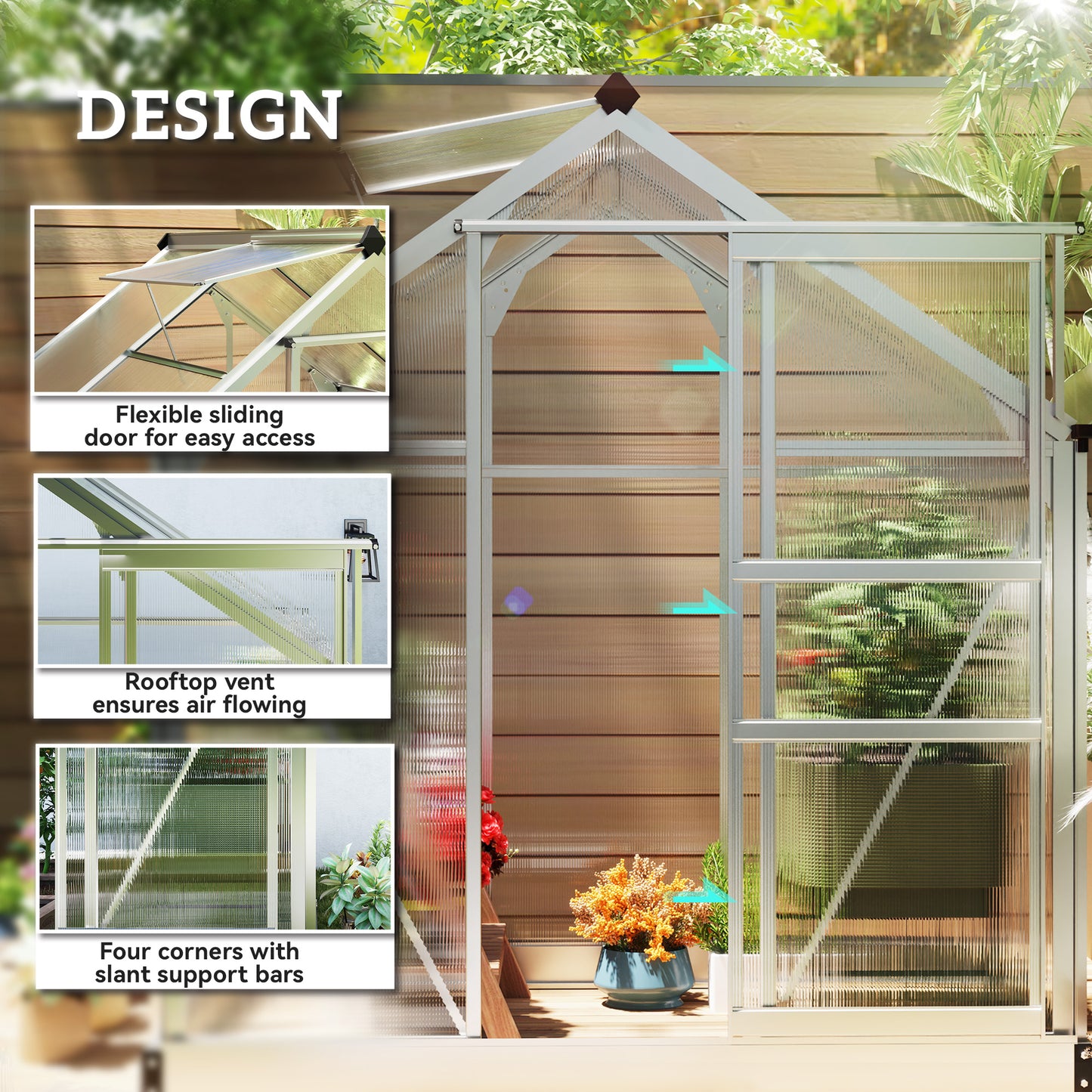 Polycarbonate Greenhouse, Large Walk-In Green House with Slide Door