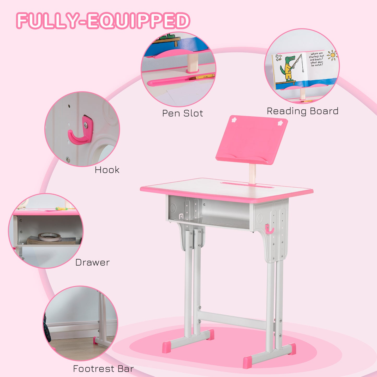 Kids Adjustable Desk and Chair Set, Book Stand, Pen Slot