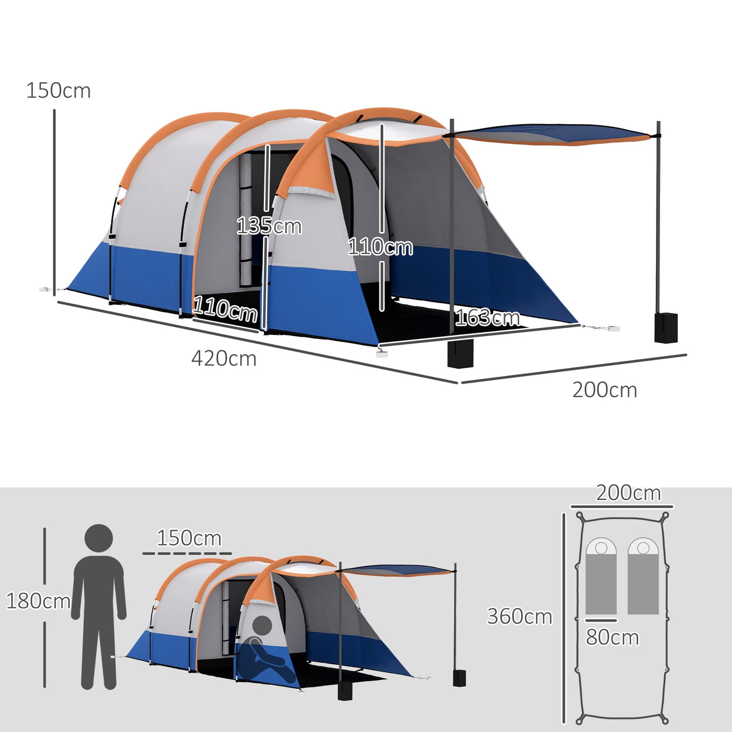 Camping Tent, Large Tunnel Tent with Bedroom and Living Area