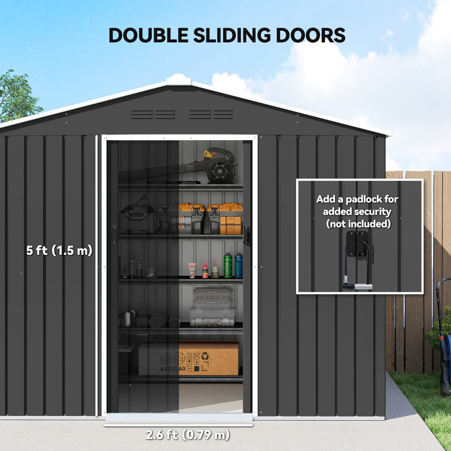 8 x 6ft Galvanised Steel Shed, with Double Door