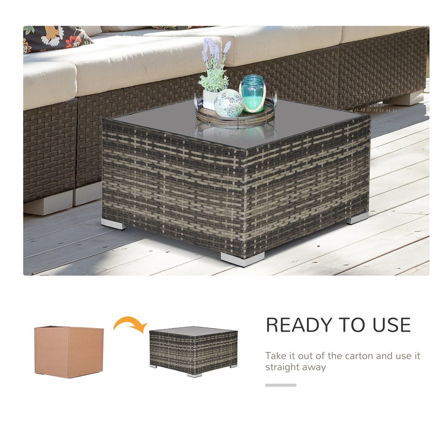 Square PE Wicker Rattan Table with Glass Top