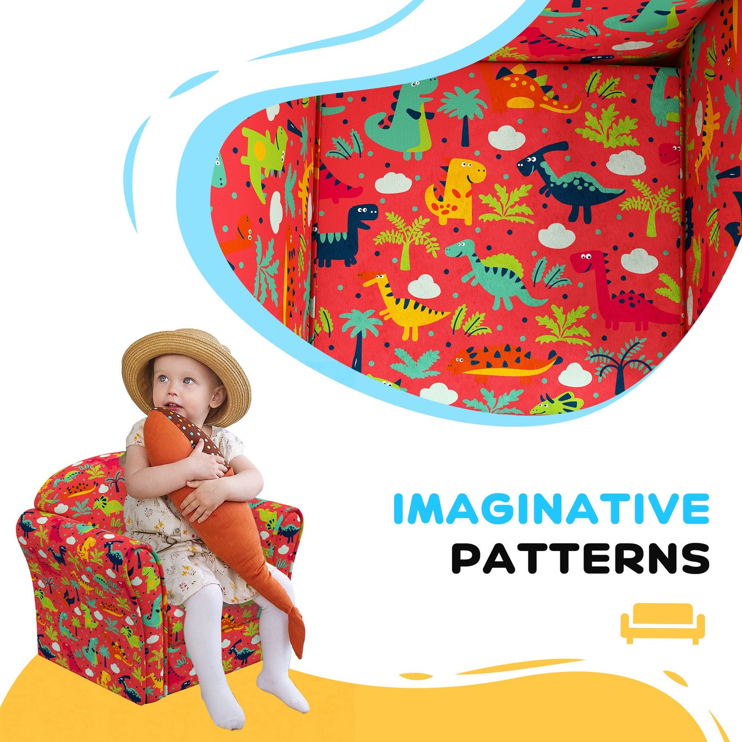 Kids Armchair with Dinosaur Design, Wooden Frame, for Bedroom