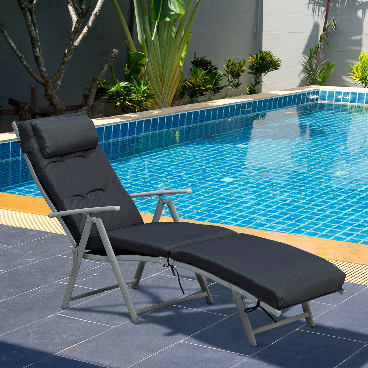 Steel Frame Outdoor Garden Padded Sun Lounger w/ Pillow