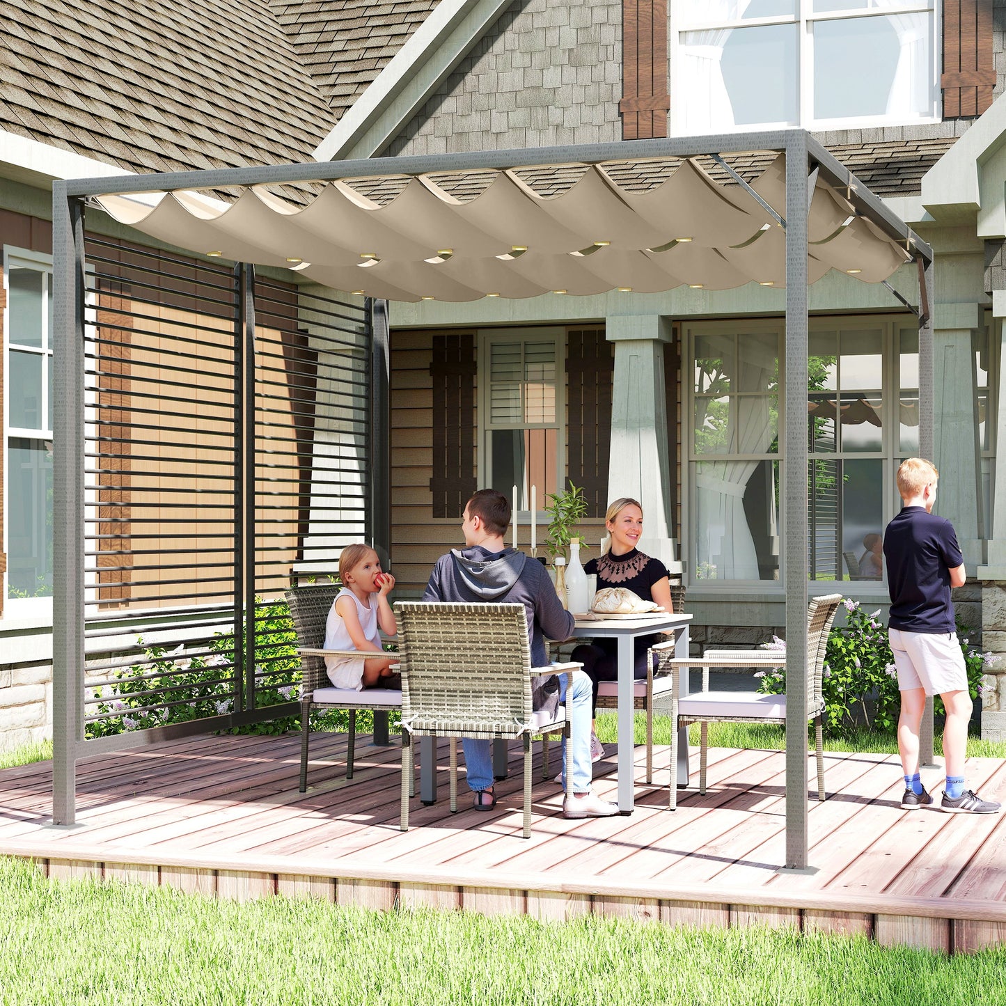 3 x 2.8m Metal Pergola, with Retractable Fabric Roof