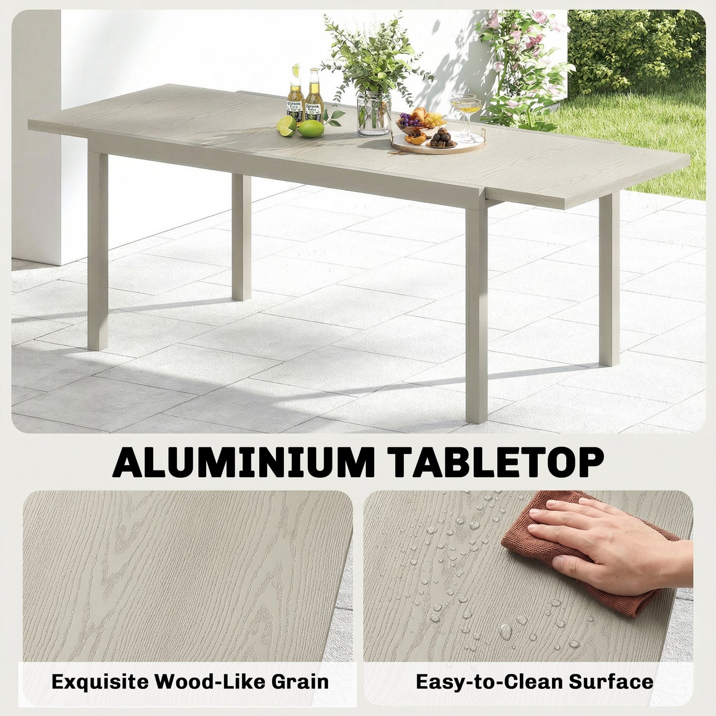 Extending Garden Table, Aluminium Outdoor Dining Table for 8-10