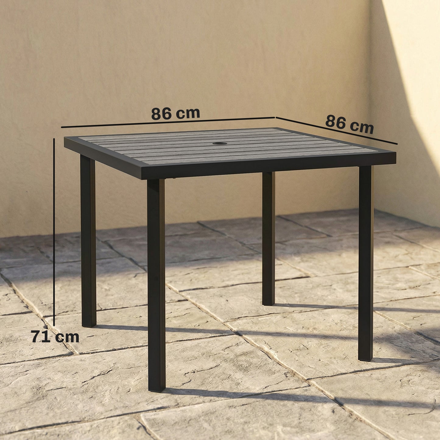Square Garden Dining Table with Parasol Hole, Slatted Top