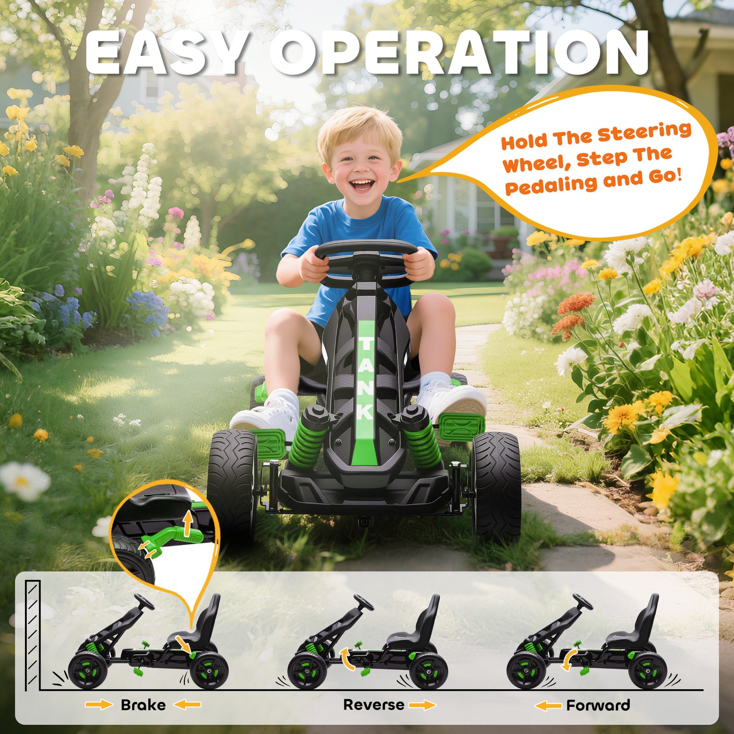 Pedal Go Kart for Kids Aged 3-6 Years, with Freewheel System, Brake