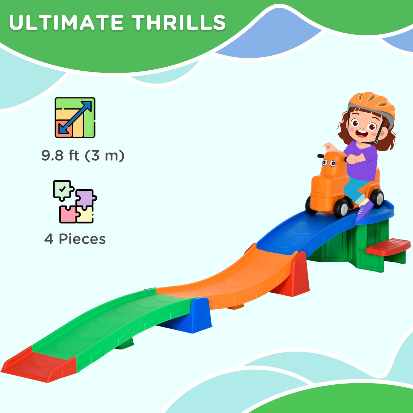 3(m) Four-Piece Ride on Kids Roller Coaster w/ Non-Slip Steps