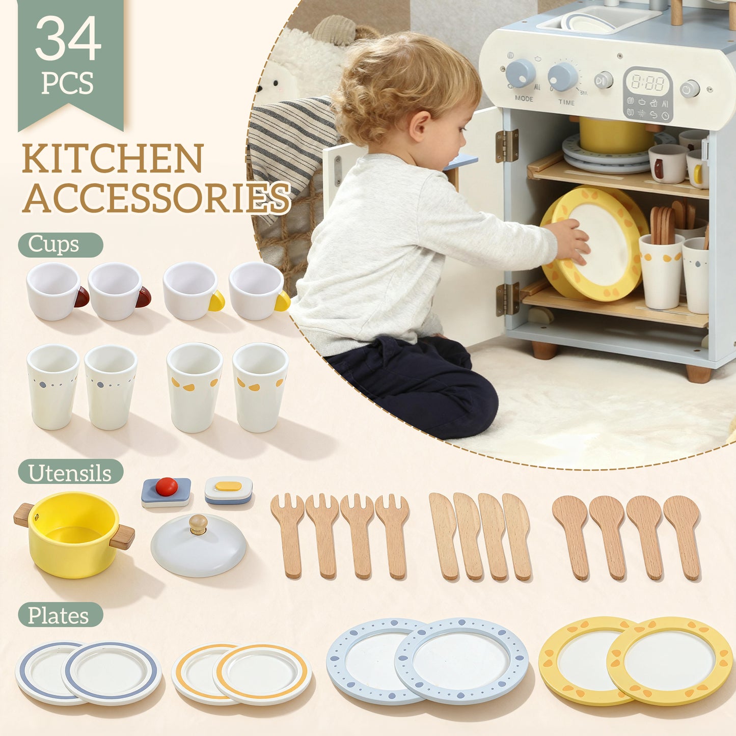 Wooden Dishwasher Playset, Kitchen Sink Toys with Faucet