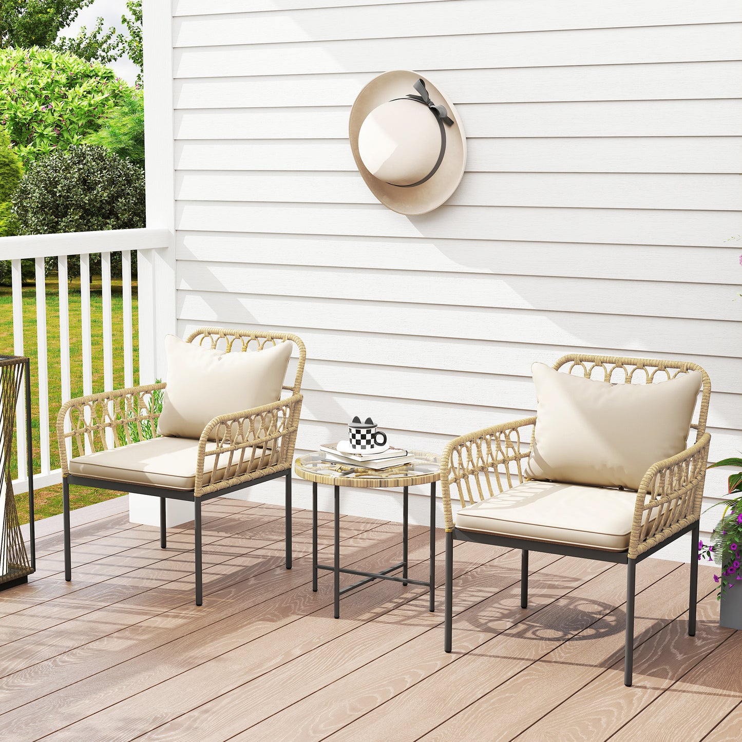 3 Piece Rattan Bistro Set, Wicker Garden Furniture Set with Cushions