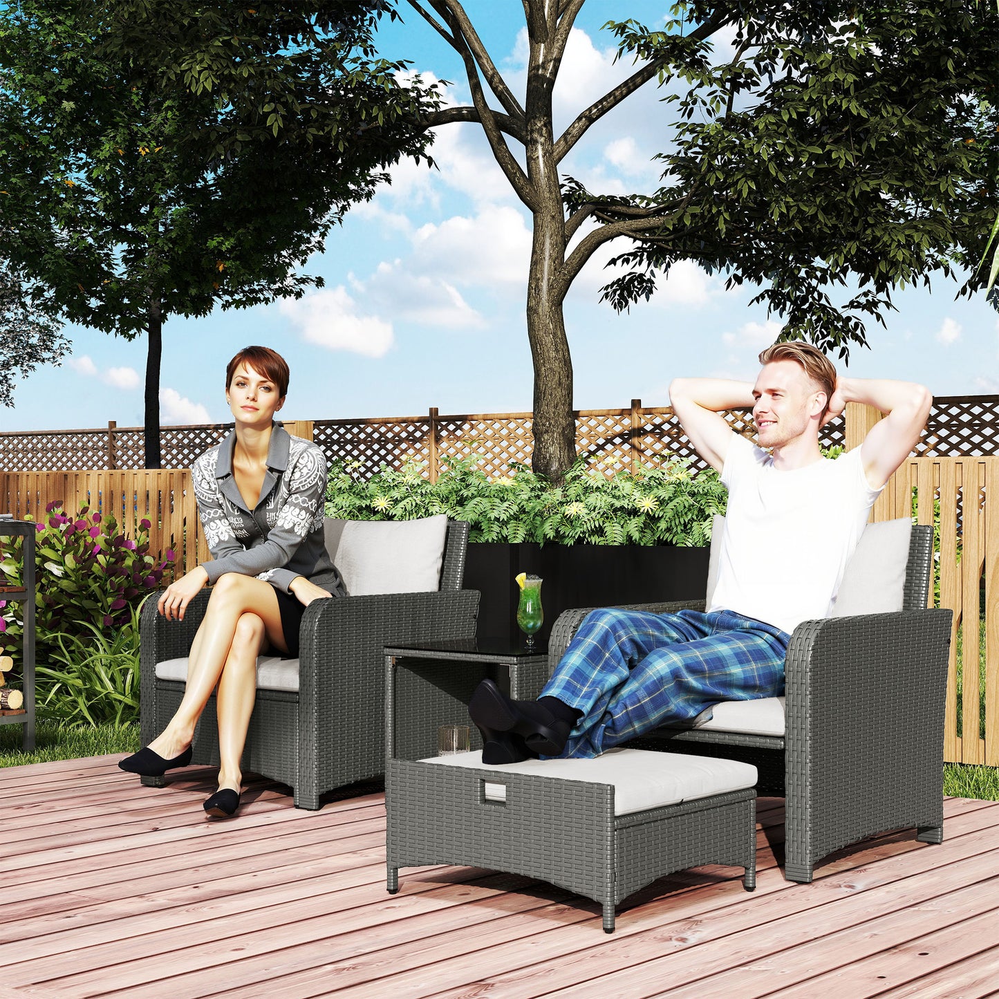 Five Piece Rattan Garden Furniture Set with 2-Tier Coffee Table