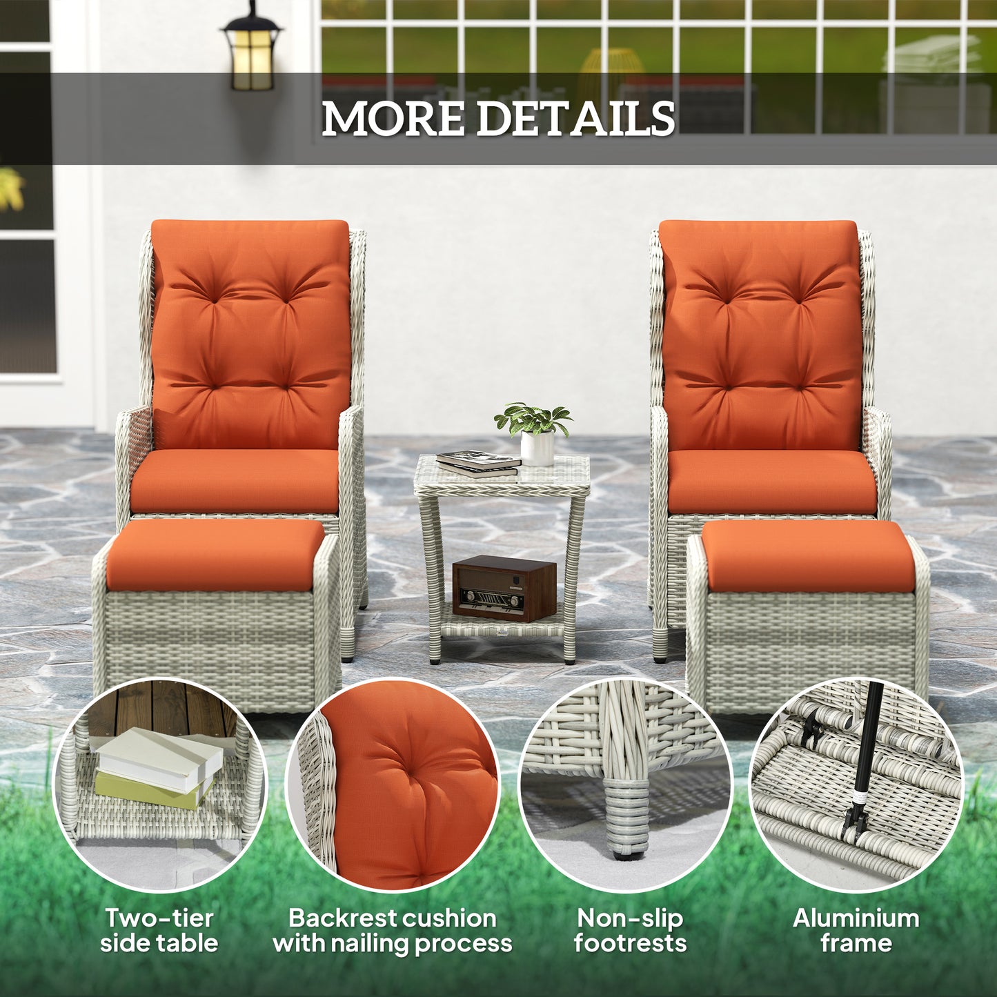 5 Pieces Rattan Bistro Set with Adjustable Back