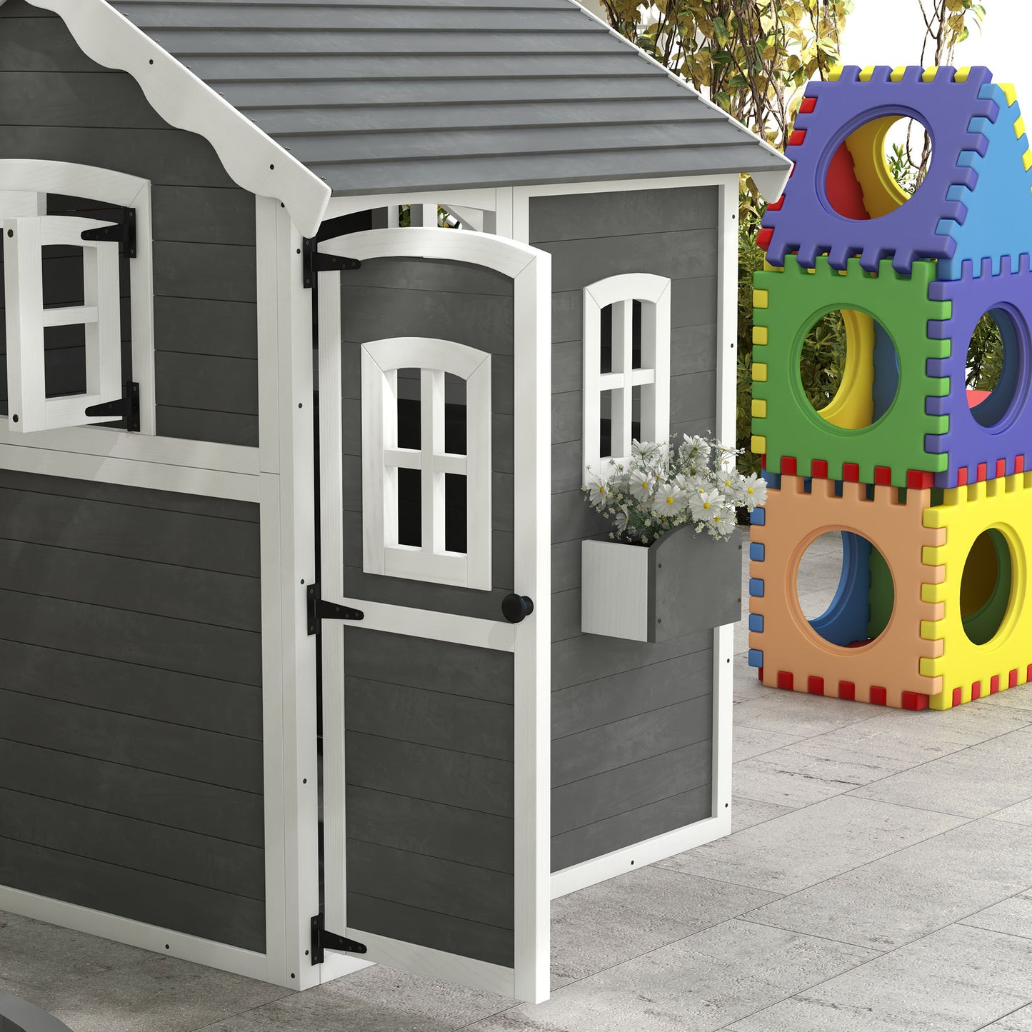 Wooden Playhouse for Kids with Doors, Windows, Plant Box, Floors