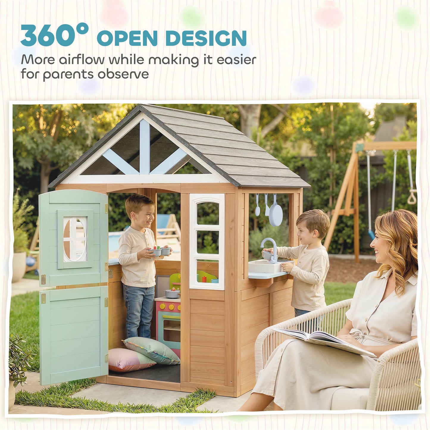 Wooden Playhouse for Kids, Wendy House with Pet Door, Play Kitchen
