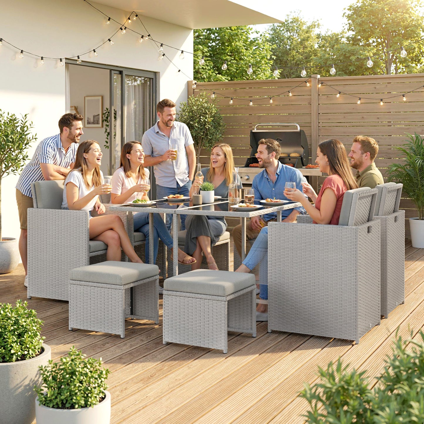 9 Piece Rattan Cube Garden Furniture Dining Set with Armchairs