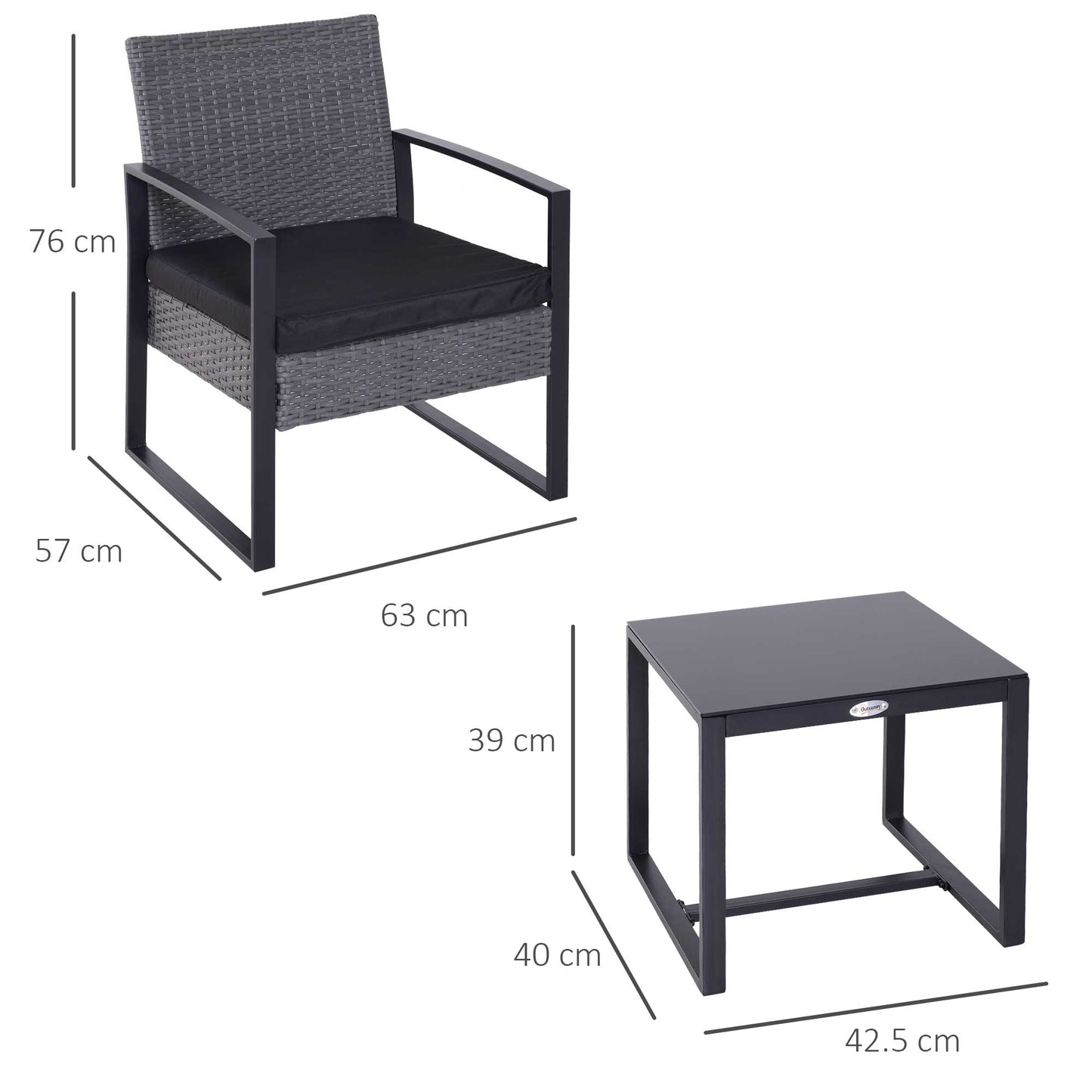 2 Seater Rattan Patio Set W/ Cushions-Grey/Black