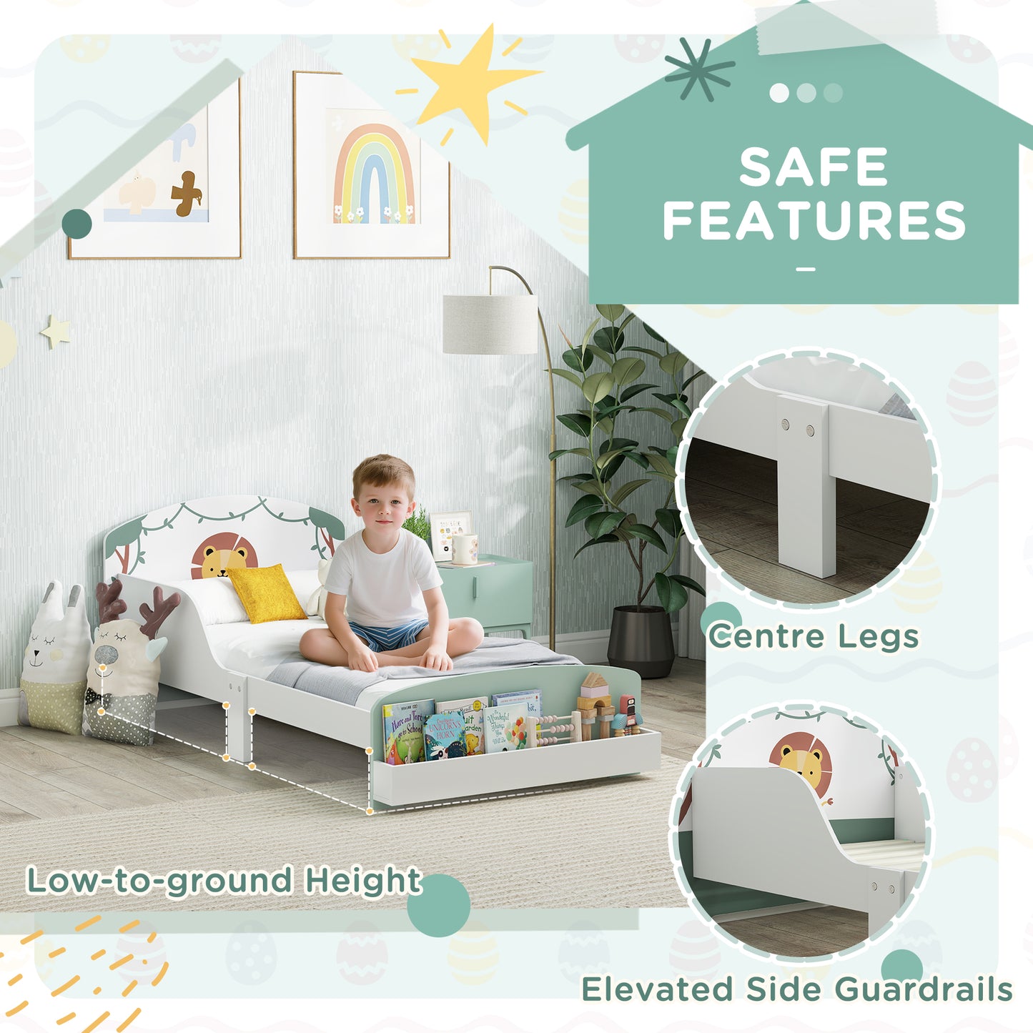 Toddler Bed with Storage, Guardrails, Lion Design