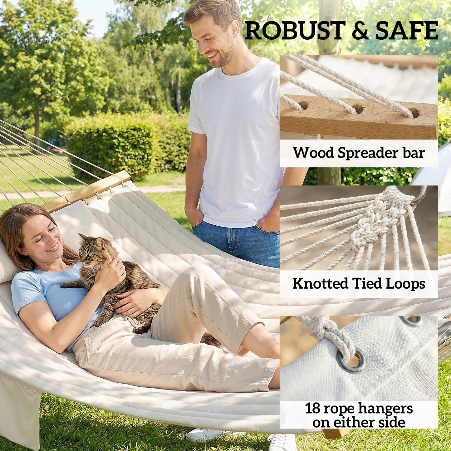 Double Hammock 2 Person Swing Bed with Spreader Bars, Pillows, Pad