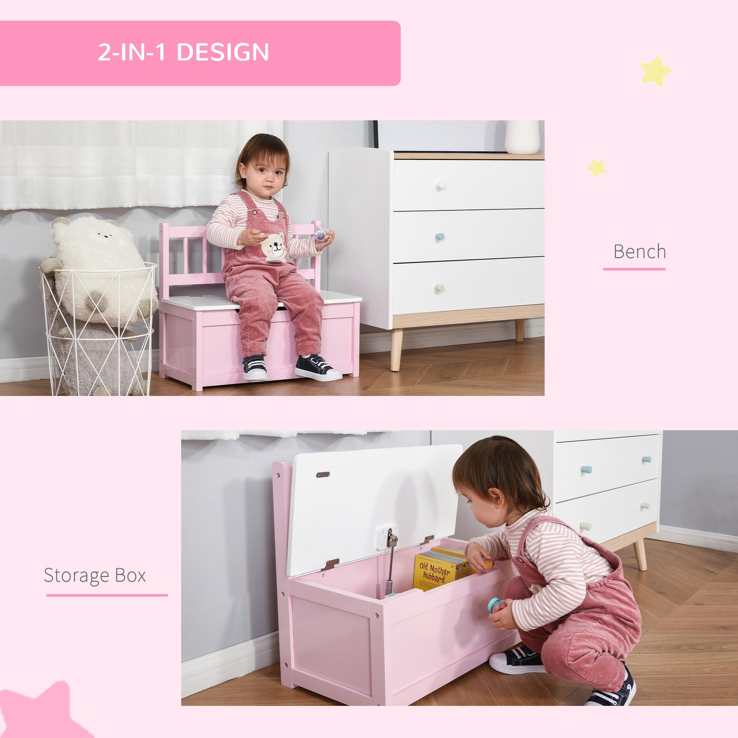 2 In 1 Wooden Toy Box, Seat Storage Bench