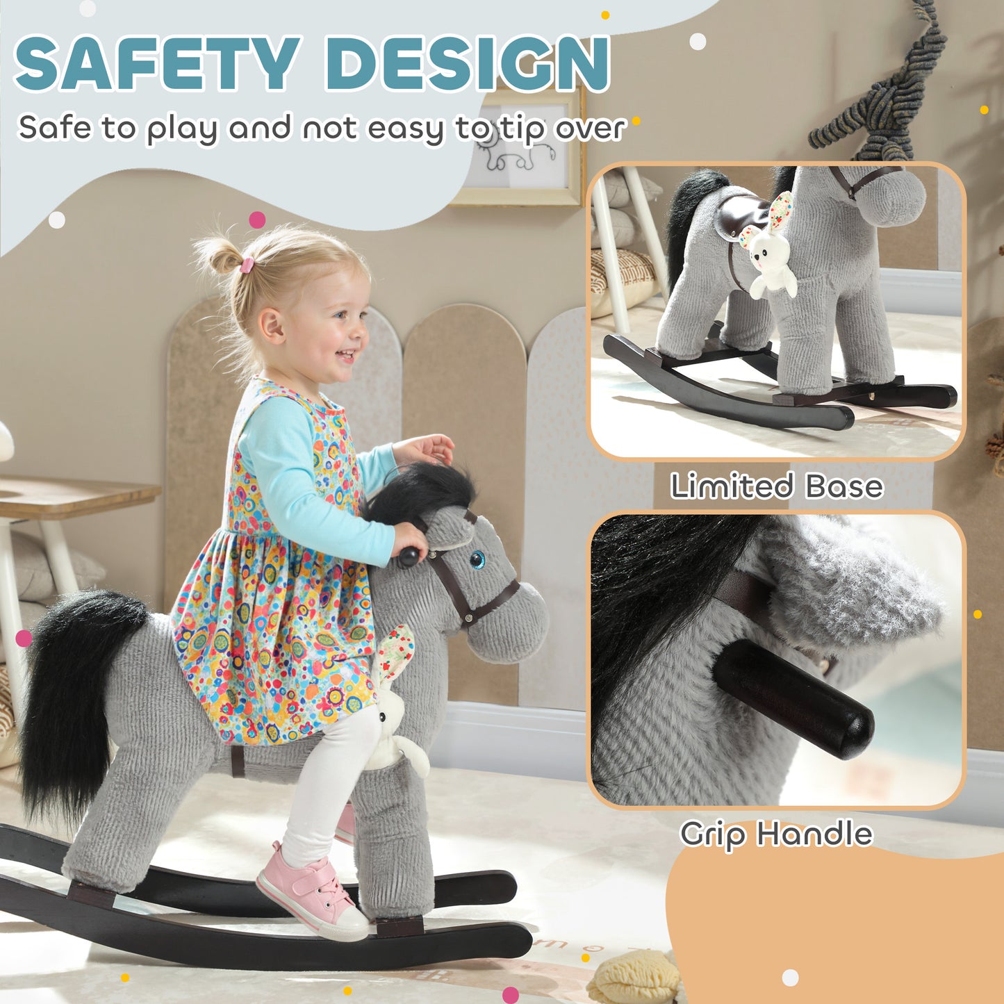 Baby Rocking Horse, Plush Ride on Toy with Handle Grip
