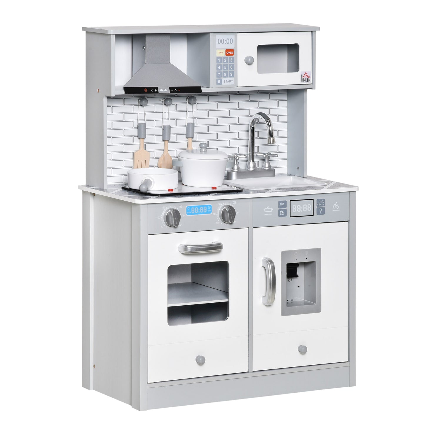 Kids Wooden Toy Kitchen Pretend Play Cooking Playset w/ Sound &