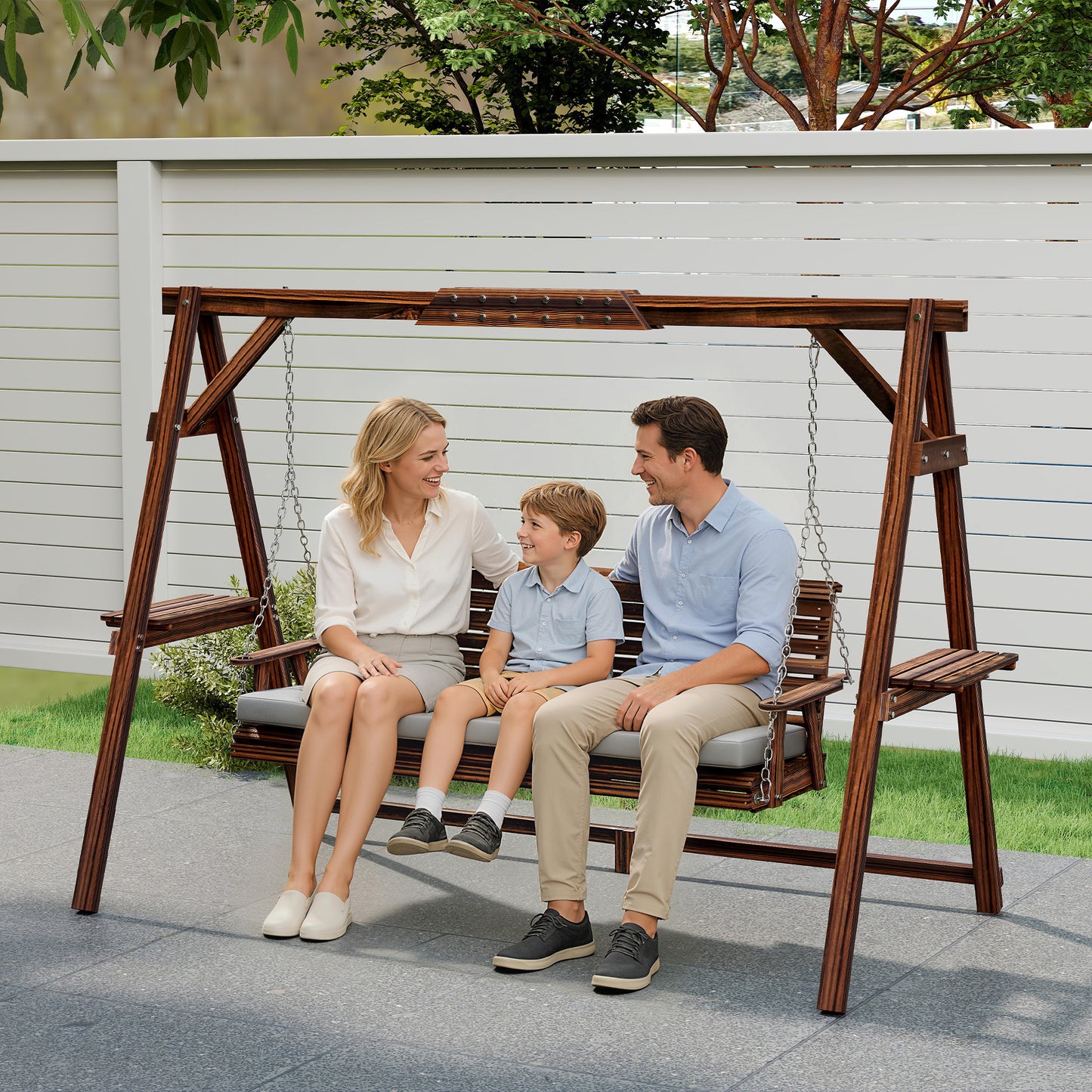 3 Seater Garden Swing Seat, Wooden Swing Chair Bench with Cushion